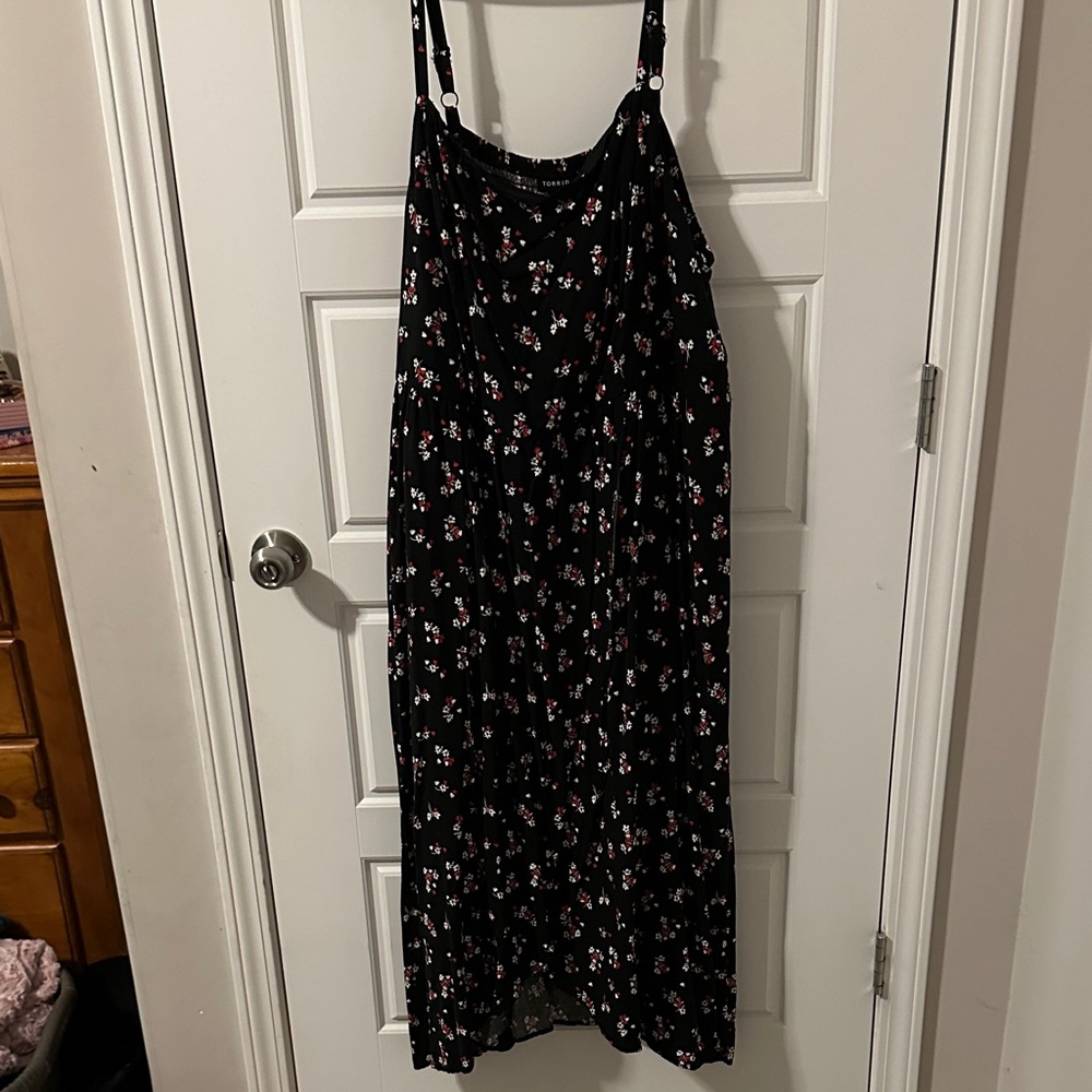 Torrid Black Dress with Red and White Floral Pattern